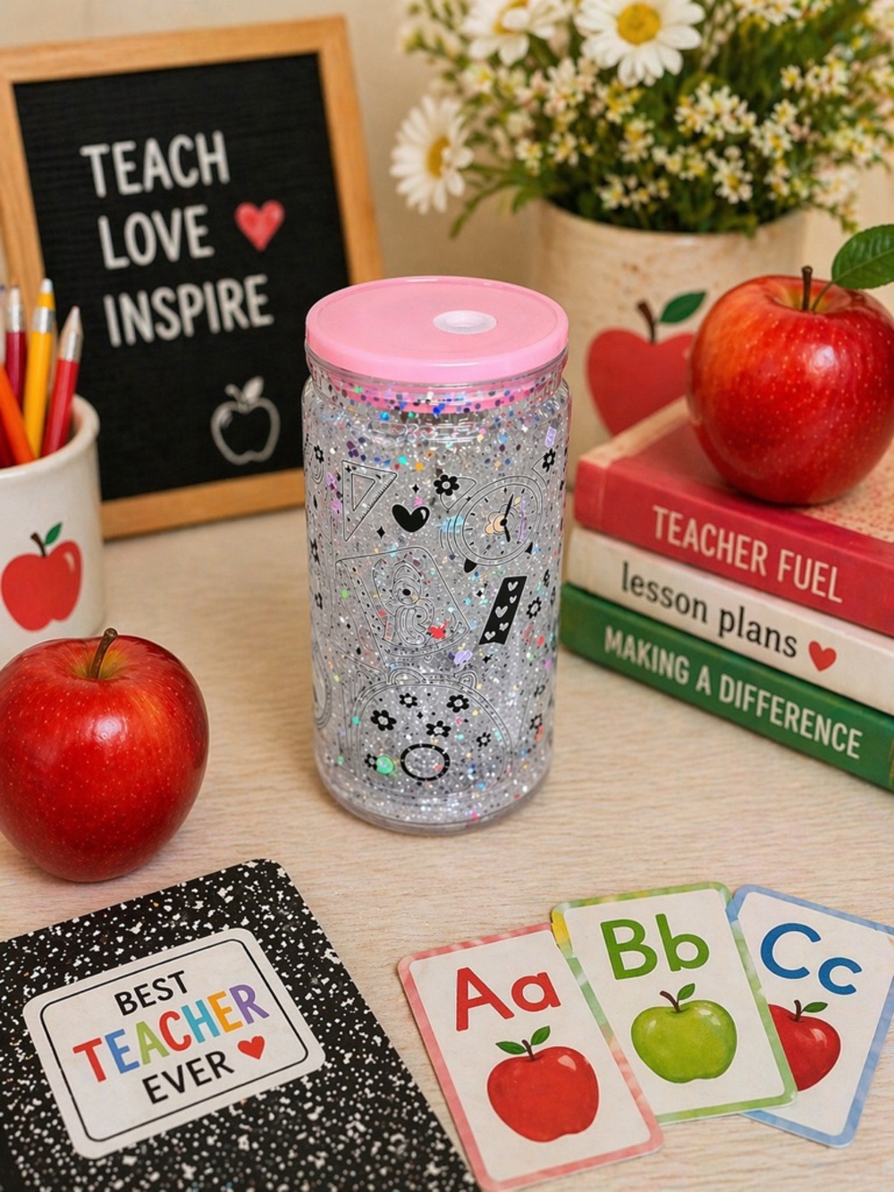Pink Lid Glitter Teacher Travel Mug - Ideal Classroom Drinkware